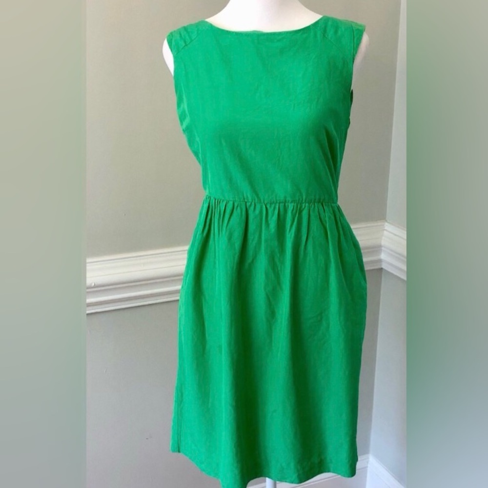 J. Crew Kelly Green Sleeveless Pleated Sundress Crew Neck with Hidden Pockets